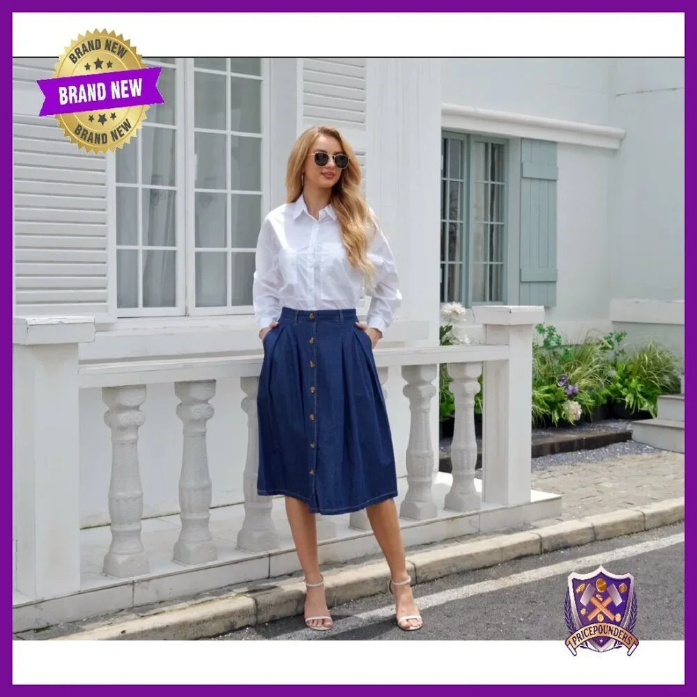 Pleated A-line Midi Skirt Elastic Waist Button Front Pocket